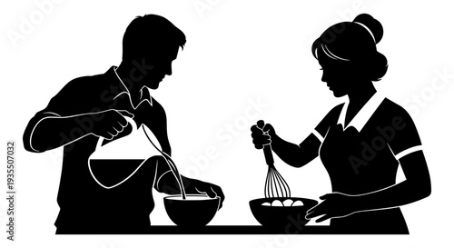 A vintage couple preparing a meal together in a cozy kitchen setting Vector, illustration