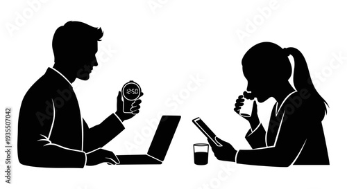 Professionals discussing over a laptop during a meeting with snacks Vector, illustration
