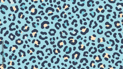 Fashionable leopard print pattern with dark spots and light accents arranged seamlessly on a bright light blue background for textile design.