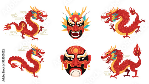 Traditional chinese cultural elements featuring red imperial dragons in various poses and detailed theatrical masks on a clean white background.