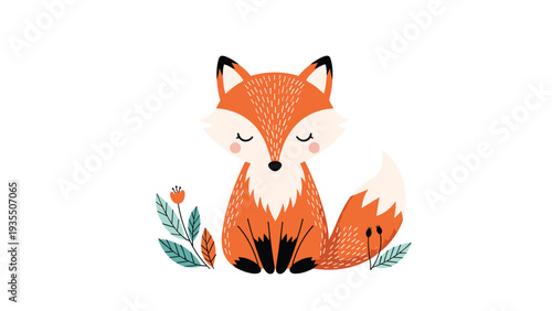 Adorable orange fox sitting peacefully with its eyes closed surrounded by simple colorful flowers and leaves on a white background.