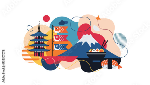Vibrant composition of iconic japanese symbols featuring mount fuji, a pagoda, ramen, sushi, and traditional carp streamers for travel.