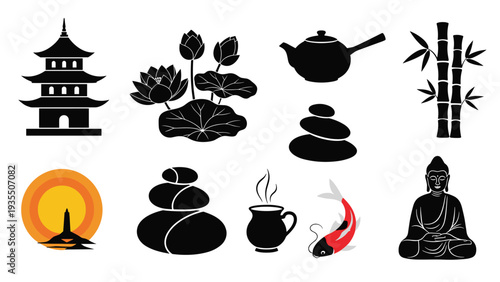 Collection of black silhouettes related to wellness and zen including a pagoda, lotus flowers, hot tea, stacked stones, and a buddha statue.