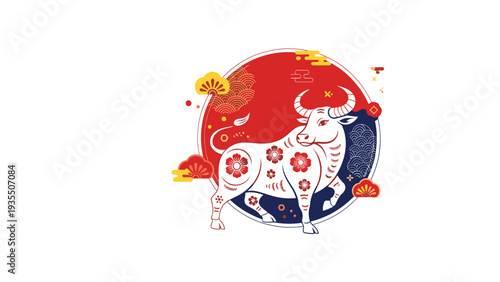 Decorative white ox with red floral patterns standing in front of a red sun background with clouds and pine branches for chinese new year.