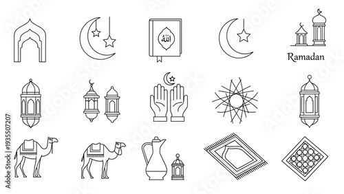 Islamic culture icons set featuring mosque silhouettes, ramadan lanterns, camels, prayer hands, and crescent moon symbols.