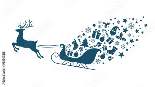 Silhouette of a reindeer pulling a sleigh overflowing with a festive trail of stars, snowflakes, and holiday ornaments.