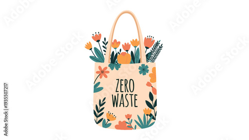 Zero waste concept illustration featuring a reusable tote bag filled with a bouquet of colorful flowers and green leaves.