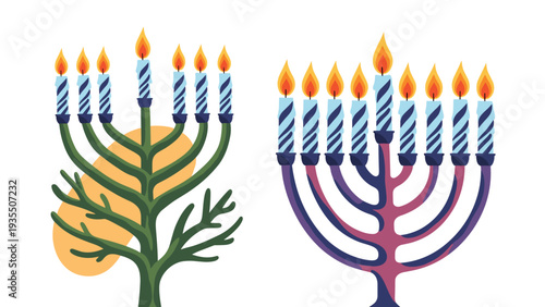 Two creative Hanukkah menorahs with lit candles presented in different artistic styles with tree branch and classic shapes.