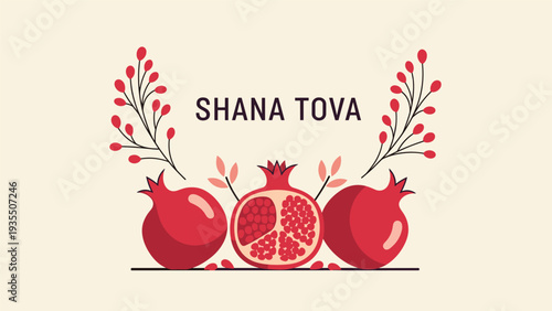 Shana Tova greeting card design featuring ripe red pomegranates and delicate leafy branches on a soft cream background.