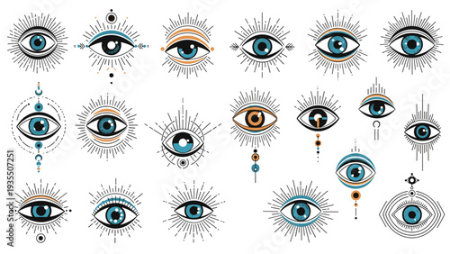Wide array of mystic eye symbols featuring various designs of the evil eye or third eye in shades of blue, gold, and black.