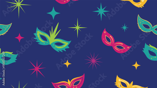 Festive seamless pattern of colorful masquerade masks and sparkling star shapes on a deep navy blue background.