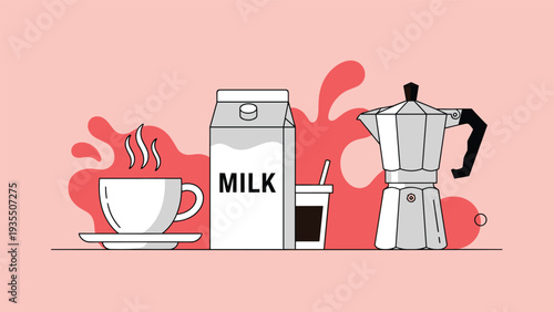 Still life illustration of breakfast items including a steaming cup of coffee, a carton of milk, and a classic moka pot.