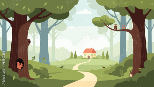 Quiet forest landscape with a winding path leading to a small house, featuring animals like an owl and a squirrel in the trees.
