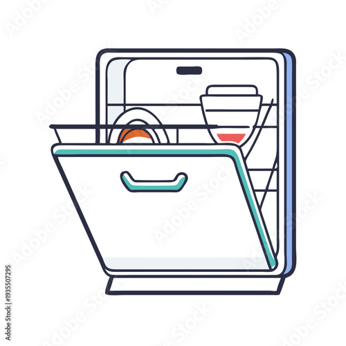 Open dishwasher with clean dishes in minimalist style  