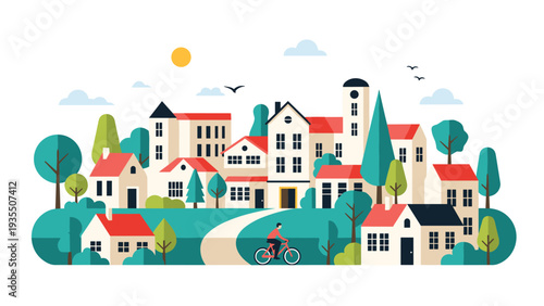 Vibrant neighborhood illustration of a small town with colorful houses, a bicycle rider, and green trees under a bright sun.