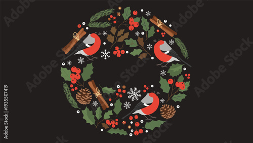 Elegant winter wreath on a dark background consists of bullfinch birds, holly leaves, berries, cinnamon sticks, and pine cones.