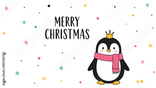 Adorable penguin character wearing a gold crown and pink scarf celebrates Christmas surrounded by colorful festive snowflakes.