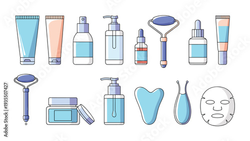 Comprehensive set of skincare beauty products includes bottles, tubes, facial rollers, gua sha tools, and a sheet mask in blue tones.