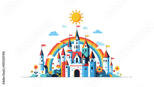Enchanting fairy tale castle with colorful towers stands before a bright rainbow and a shining sun in a serene landscape.