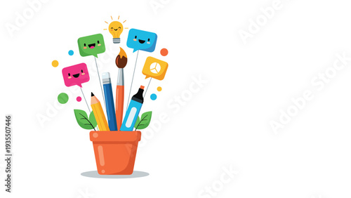Creative art supplies like pencils, brushes, and markers are arranged in a pot with smiling colorful speech bubbles and a lightbulb.