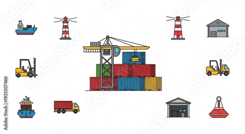 Shipping Container Port Logistics and Transportation Icons.
