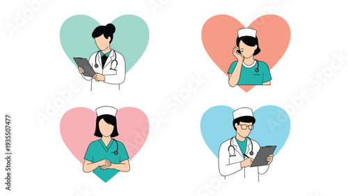 Healthcare professionals including male and female doctors and nurses are depicted inside colorful heart shapes to show medical care.