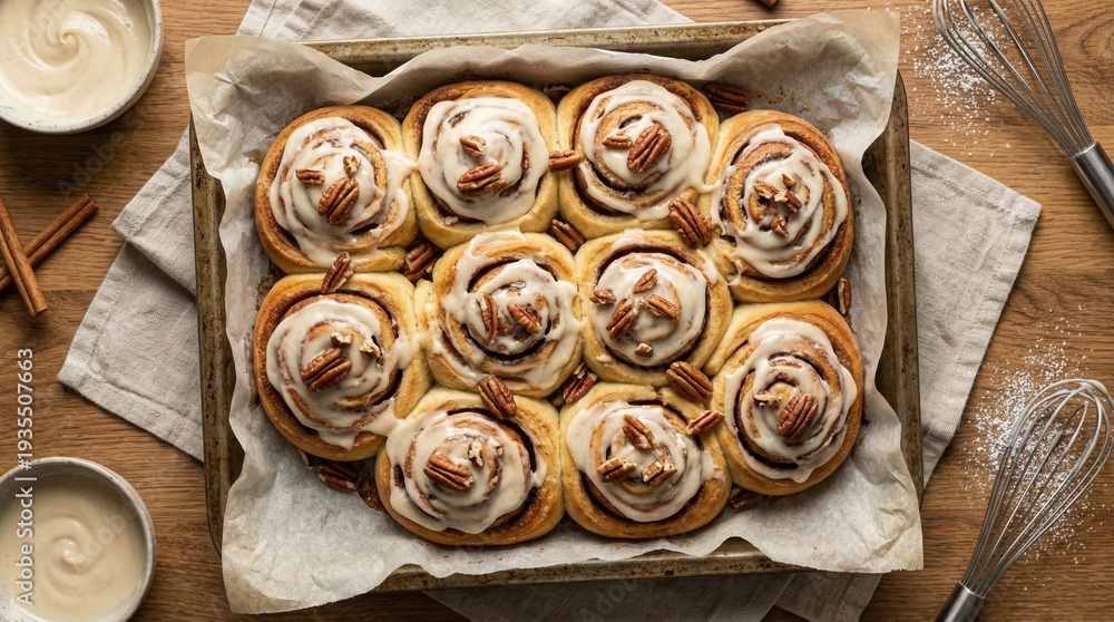 Fototapeta premium Freshly baked homemade cinnamon rolls with cream cheese icing and pecans on baking tray