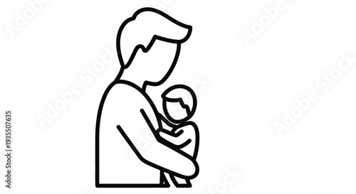 Simple line drawing of a father tenderly holding a baby in his arms