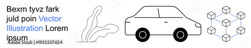 Transportation, sustainability, innovation, technology, eco-design, blockchain. Minimalist car, leaf and cube network elements. Transportation and sustainability concept for eco and tech ideas