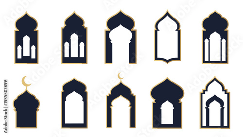 Set of ornate Islamic window and mihrab designs in navy blue and gold colors showcases elegant religious architectural elements.