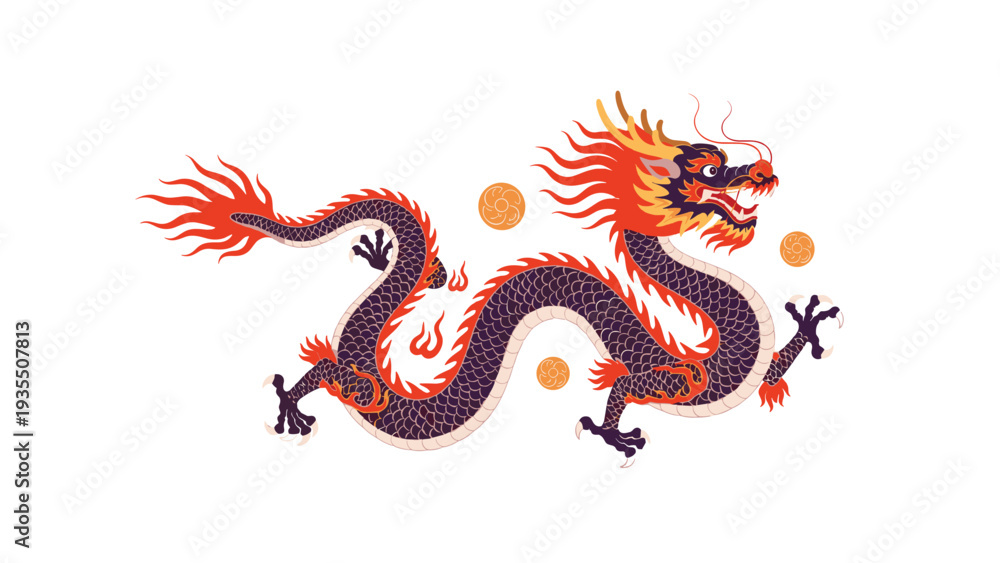 Fototapeta premium Traditional Chinese dragon illustration in a dynamic pose features intricate purple scales, red mane, and golden orbs on white.