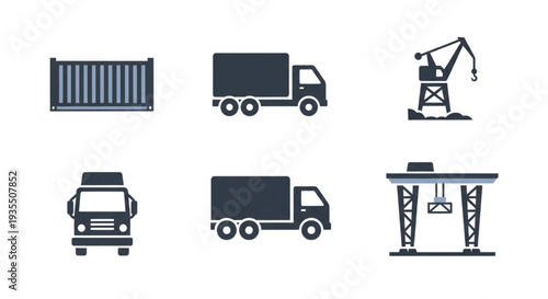 Shipping Container Truck and Crane Icons Set.