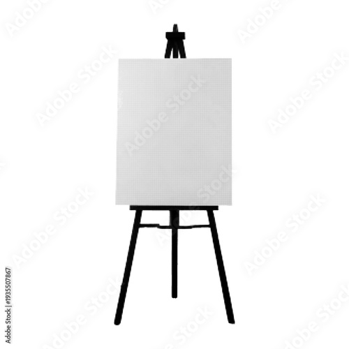 Blank artist easel with canvas in halftone style. Monochrome dotted vector illustration of painting stand used for art, drawing, workshop and creative studio concept isolated on white.