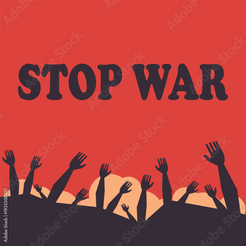 Minimalist vector illustration featuring bold typography “Stop War”, peace dove silhouette, strong contrast colors, symbolic antiwar message.
