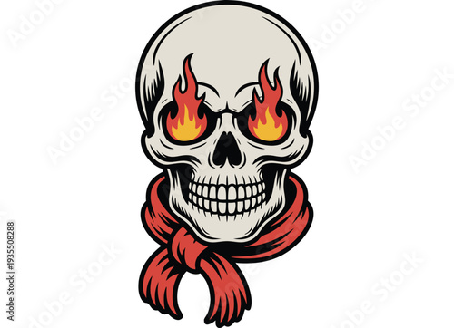 Flaming Eyes Skull with Red Scarf Illustration isolated on transparent background