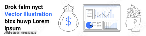 Money bag symbol, analytics dashboard with charts, head with plants representing growth. Ideal for finance, innovation, data analysis, business strategy, investment, creativity simple landing page