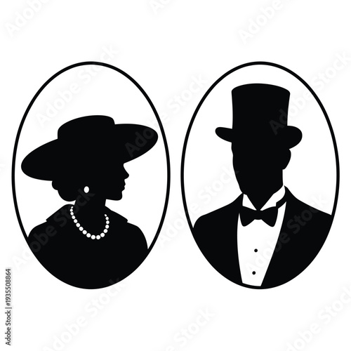 Elegant silhouettes of a woman and man in vintage formal attire