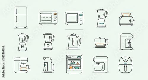Collection of kitchen appliances and home electronics icons.