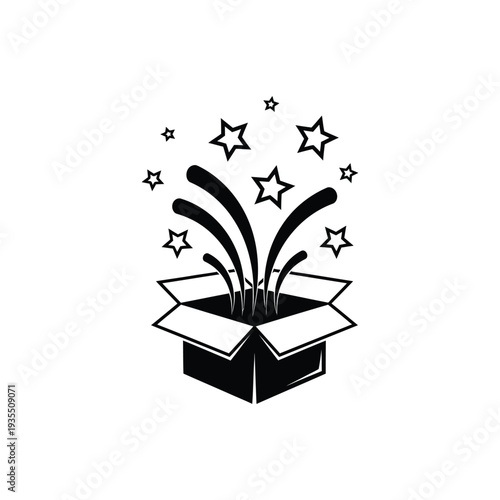 An open box explodes with stars and confetti, surprise, magic, celebration from inside the container