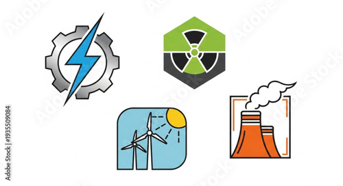 Set of energy industry icons including electricity nuclear wind and thermal power.