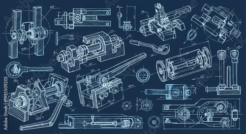 Detailed technical blueprint drawings of various mechanical engine parts.