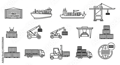Shipping Container Logistics and Transportation Icons Set.