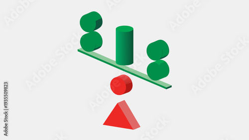 3d geometric shapes in equilibrium on a white background with green and red colors