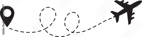 Airplane dotted route line the way airplane. Flying with a dashed line from the starting point and along the path