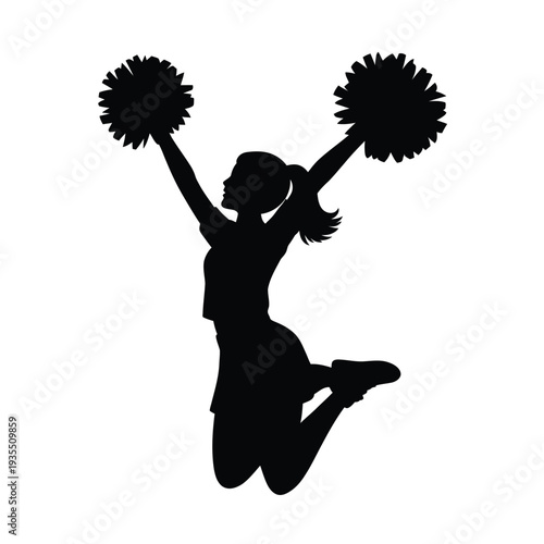 Silhouette of a cheerleader jumping with pom poms in the air