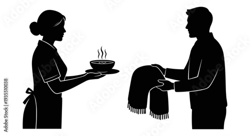 A server offering a dish to a seated man in a traditional setting Vector, illustration