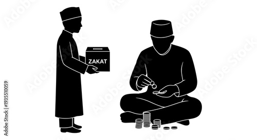 Two individuals engaged in the traditional practice of giving and receiving zakat. Vector, illustration