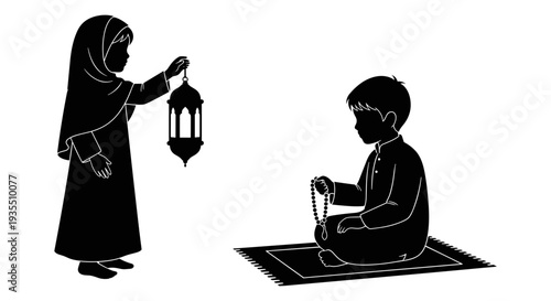 A woman holds a lantern while a child prays on a mat during evening time. Vector, illustration