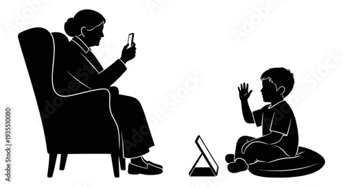 An elderly person engaging with a young child using a digital tablet. Vector, illustration