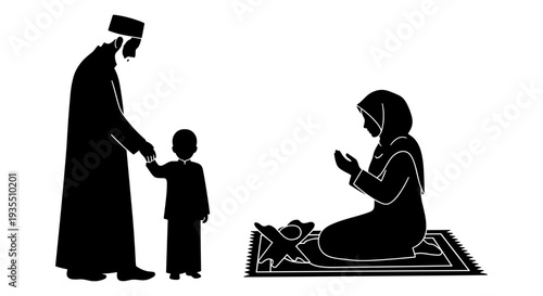 A religious teacher instructing a young child while a woman observes nearby. Vector, illustration